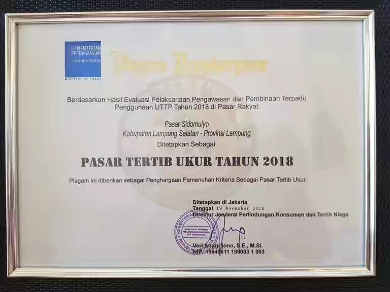 Pasar Sidomulyo Terima Predikat Pasar Tertib Ukur Dari Dirjen PKTN