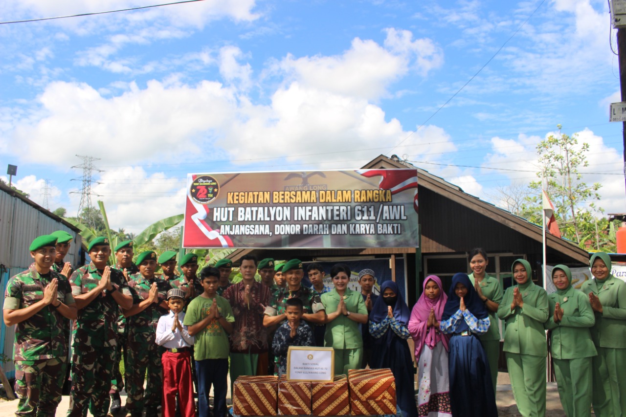 HUT Ke-72, Yonif 611/Awang Long Laksanakan Bakti Sosial Kepada Panti Asuhan