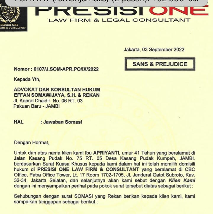 Presisi One LawFirm & Consultants Berikan Jawaban Somasi Akan Pidanakan Penggugat