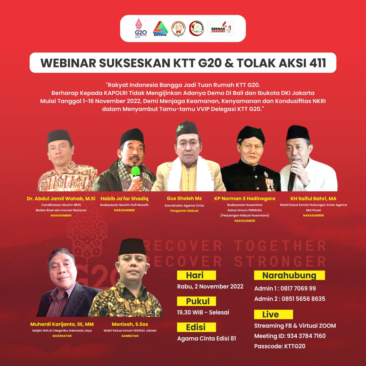 Webinar Agama Cinta “Sukseskan G20, Tolak Aksi 411”