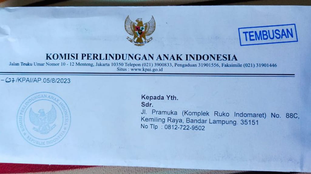 Dianggap Lamban, KPAI Surati Polda Lampung Terkait Penanganan Kasus Penjemputan Paksa ART Oleh Majikan