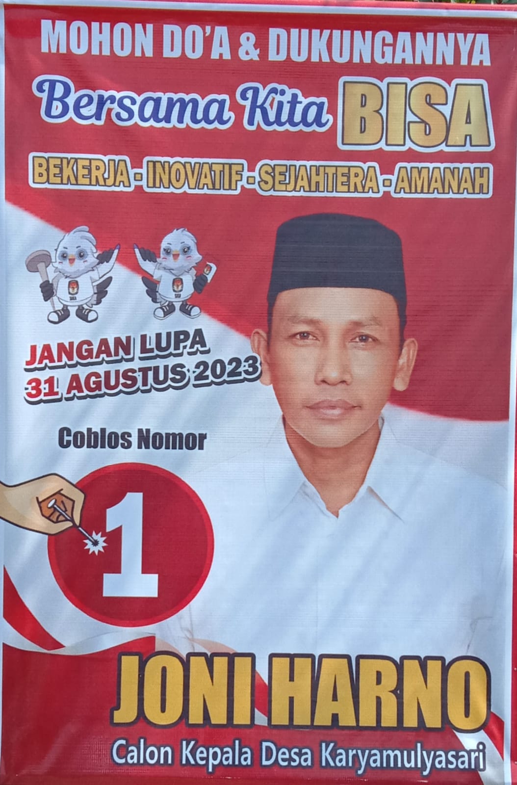 Cakades Karya Mulyasari Nomor Urut 1 Joni Harno Siap Bersaing Dengan Visi Misinya Bersama Kita Bisa