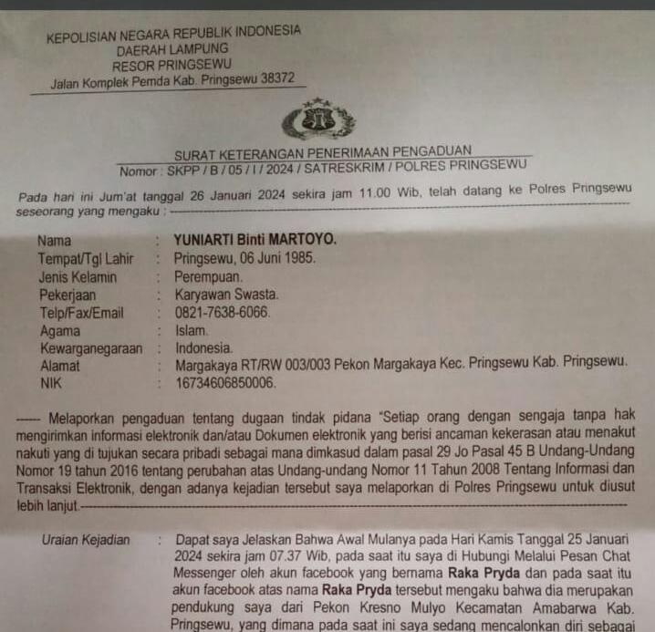 Yuniarti Caleg Pringsewu Laporkan Akun Yang Meneror Melalui Medsos