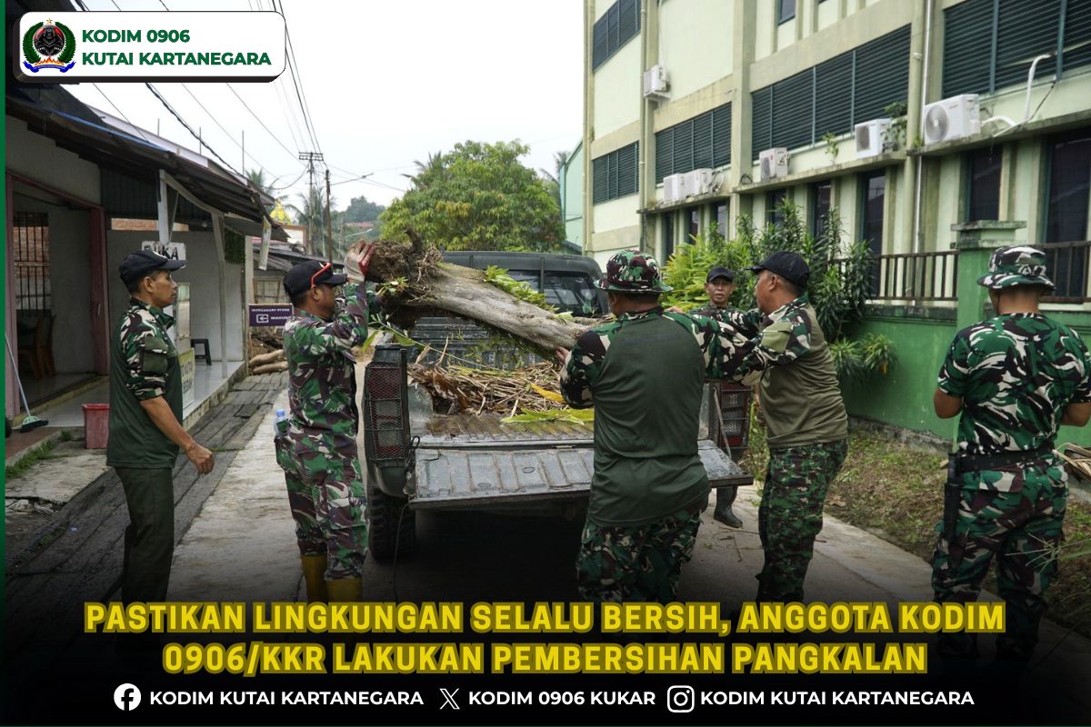 Pastikan Lingkungan Selalu Bersih, Anggota Kodim 0906/Kkr Lakukan Pembersihan Pangkalan